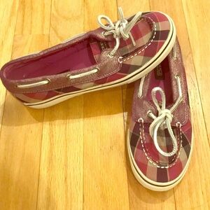 Purple plaid Sperrys with silver ties
